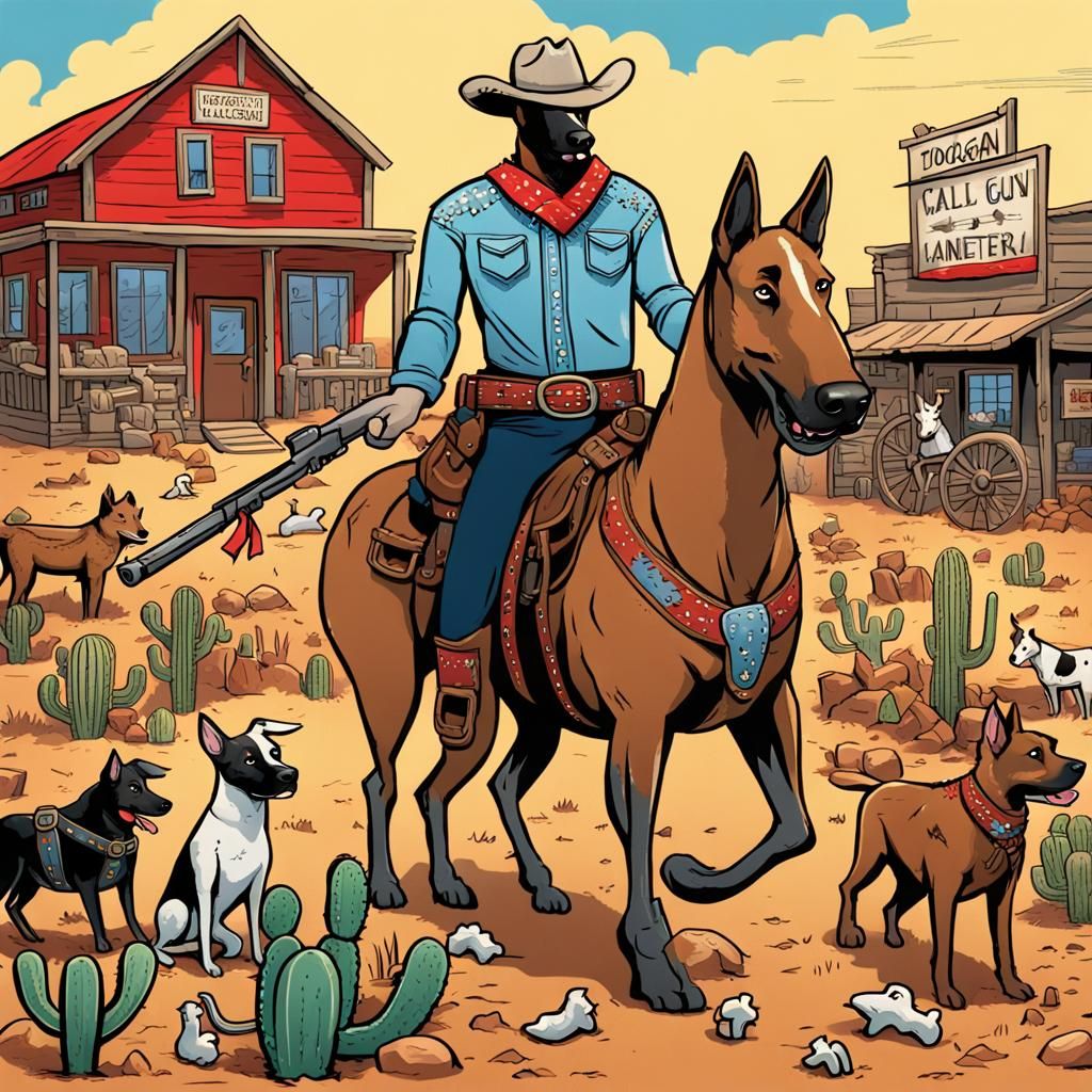 Cartoon Cowboy Dog Rides into Western Town