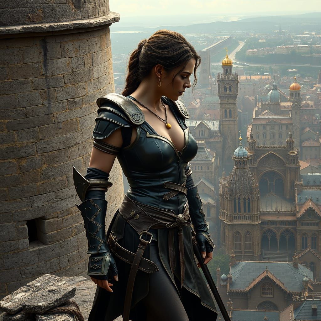 Woman Overlooking Medieval City from Castle Wall