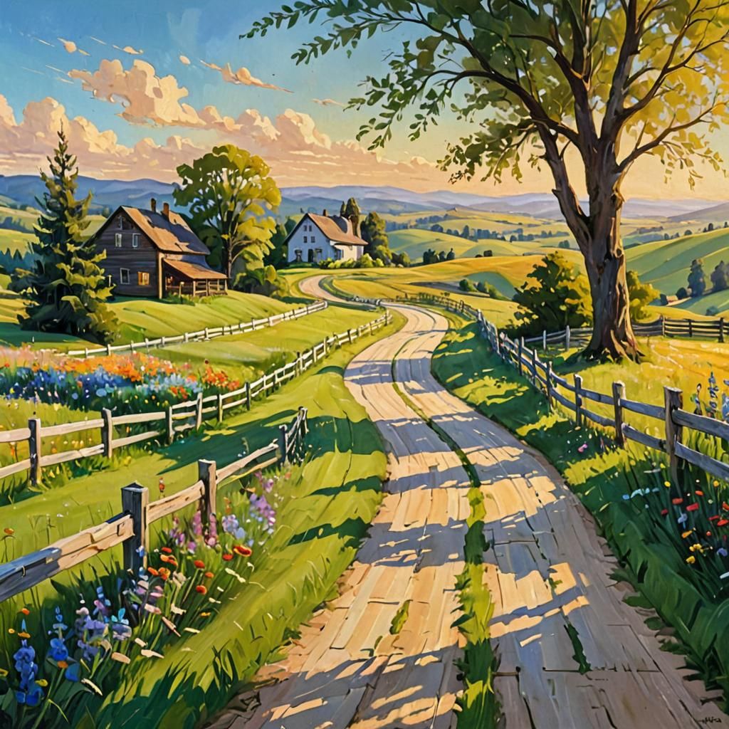 Impressionistic Countryside Road with Farmhouse