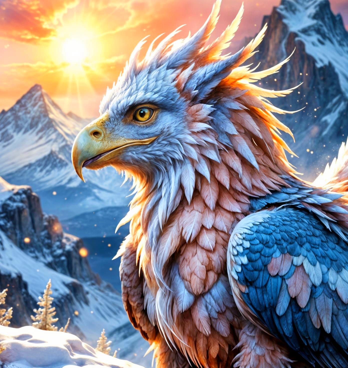 Griffin on Snowy Peak at Dawn in Watercolor Style