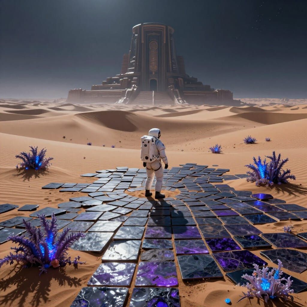 Astronaut Explores Alien Planet of Obsidian Tiles