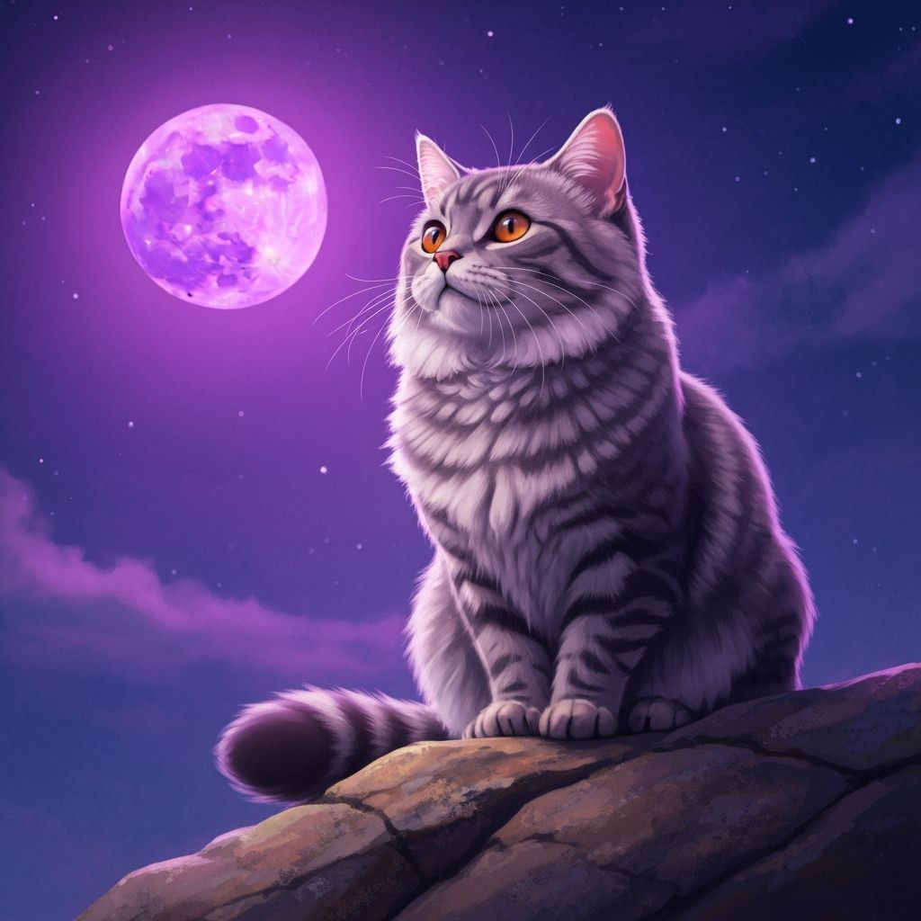Tabby Cat Gazing at a Purple Moon, Digital Painting
