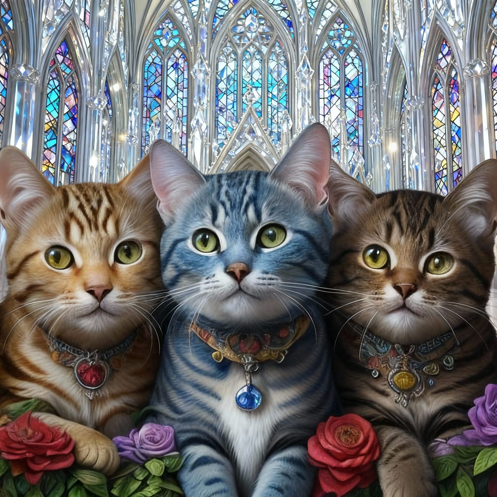 Cats in a stained glass crystal cathedral.