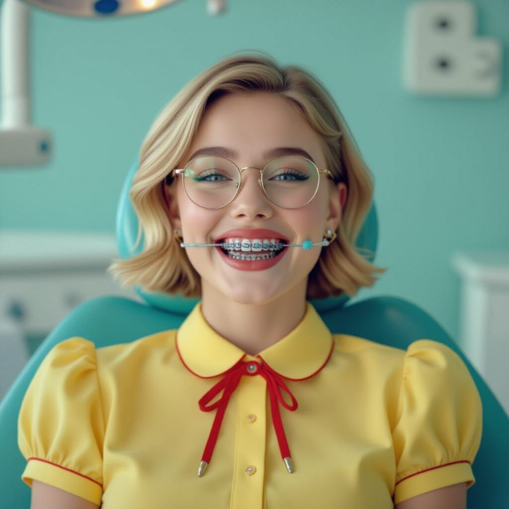 Teenage Girl With Braces in Dentist Chair