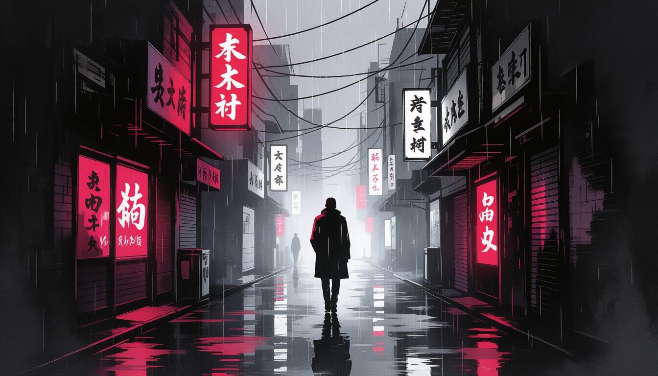 Ink Wash Figure in Neon Alleyway