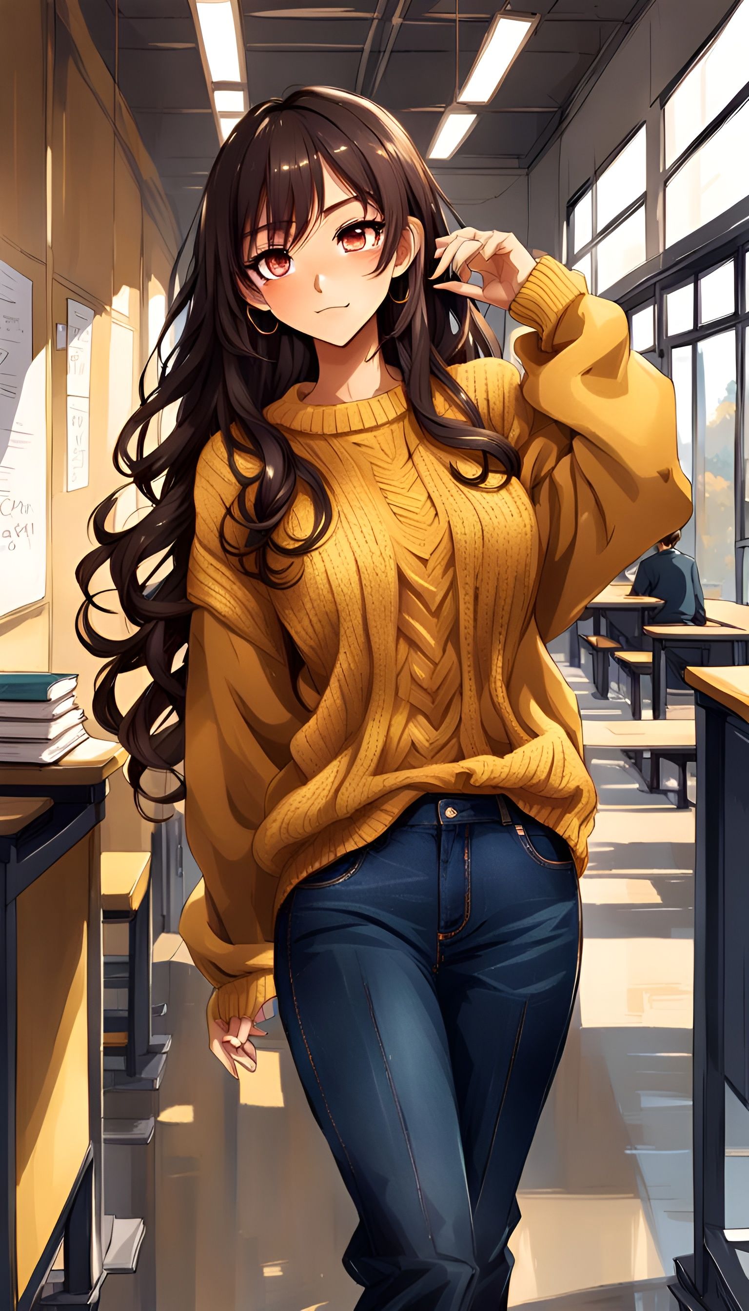 Anime Girl in Yellow Sweater at School