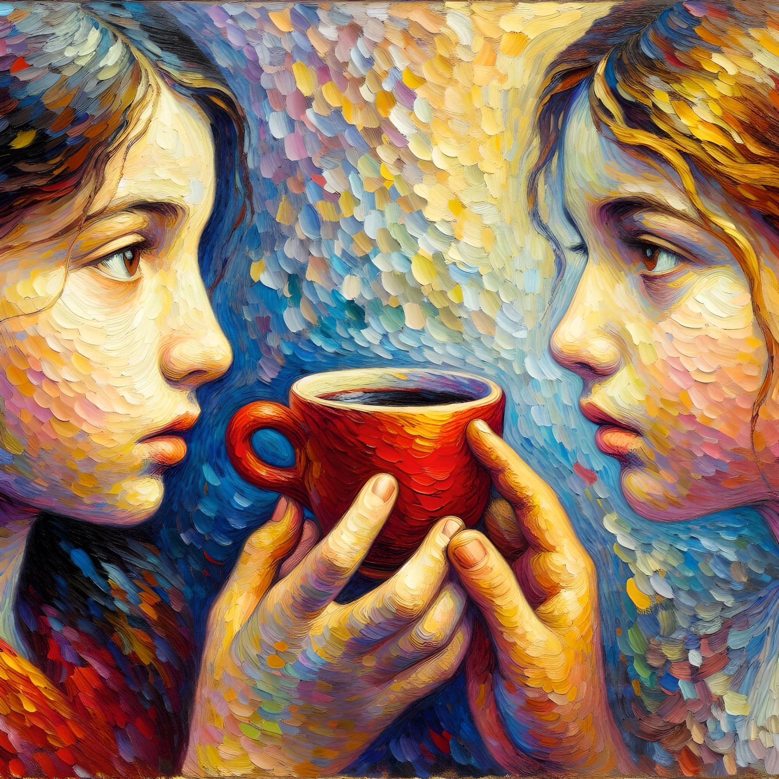 Girls Sharing a Red Cup, Neo-Impressionist Oil Painting