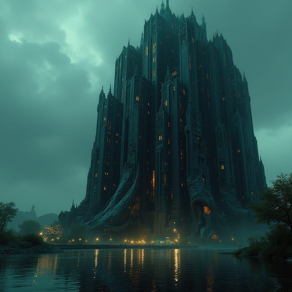 Cyberpunk Metropolis in Metallic Fantasy Style