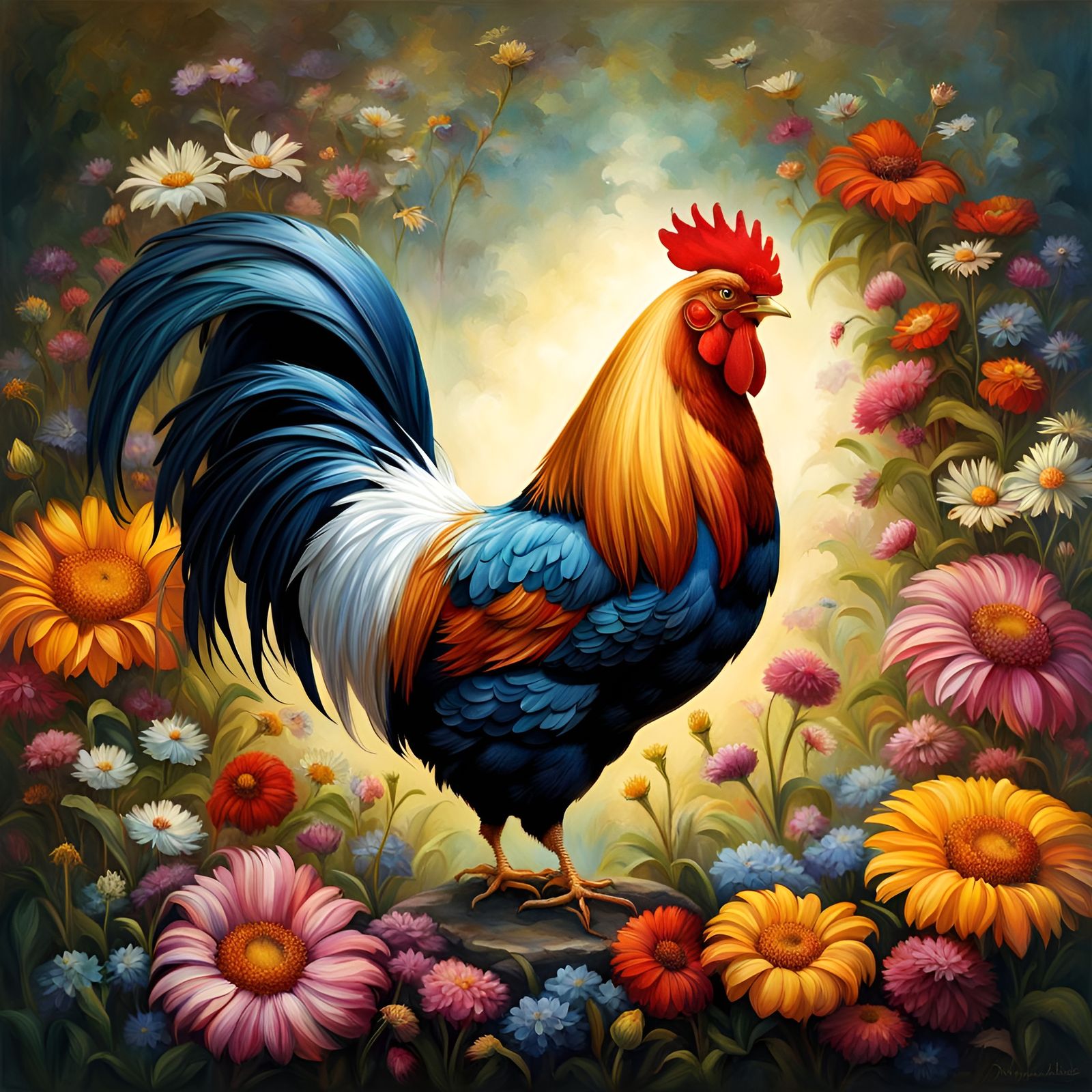 Rooster Mascot Logo with Wildflowers in Oil Painting Style