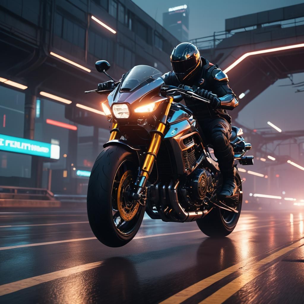 Futuristic Sci-Fi Motorcycle Speeds Down Neon Highway