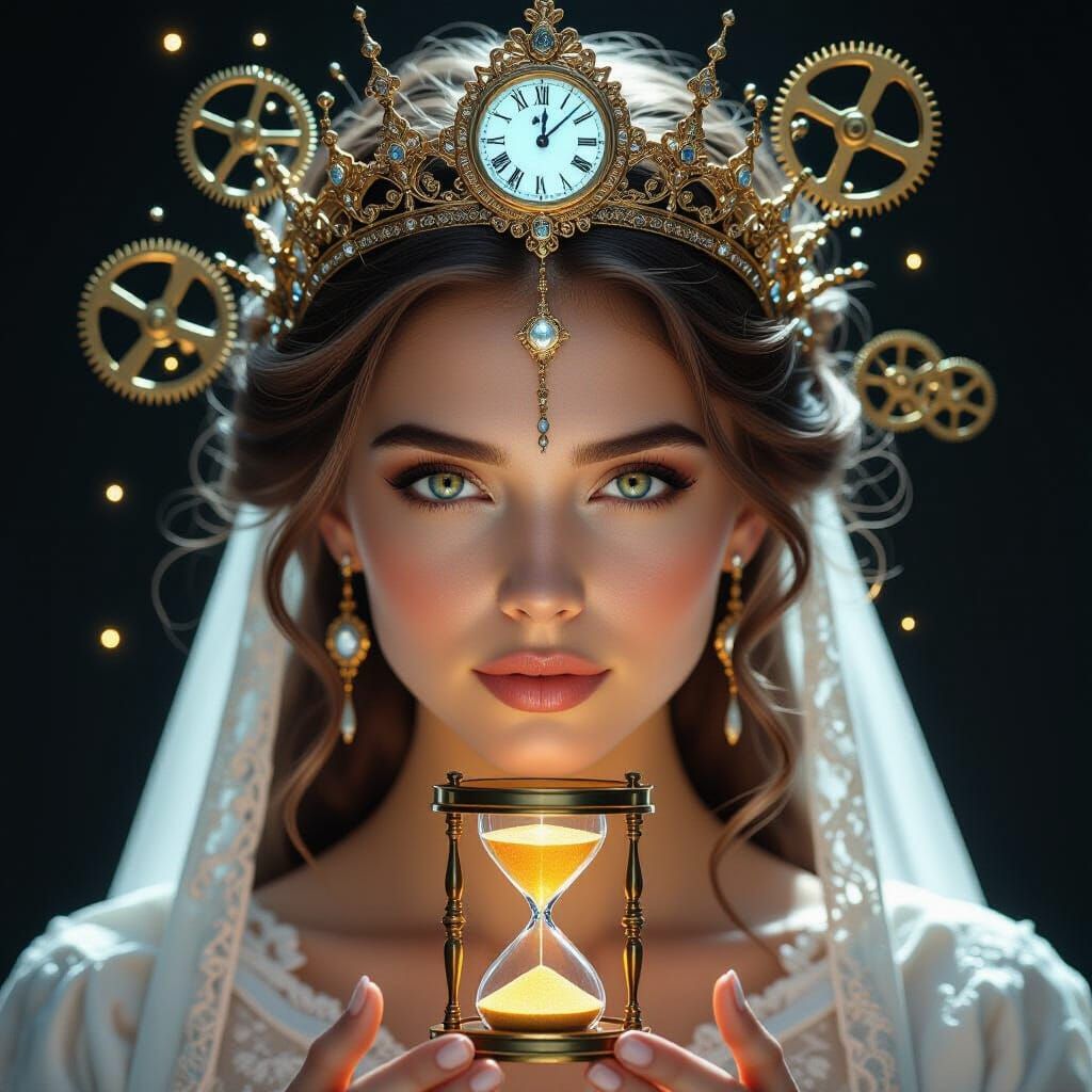 Ethereal Chrono-Weaver with Time Crown in Cinematic Portrait