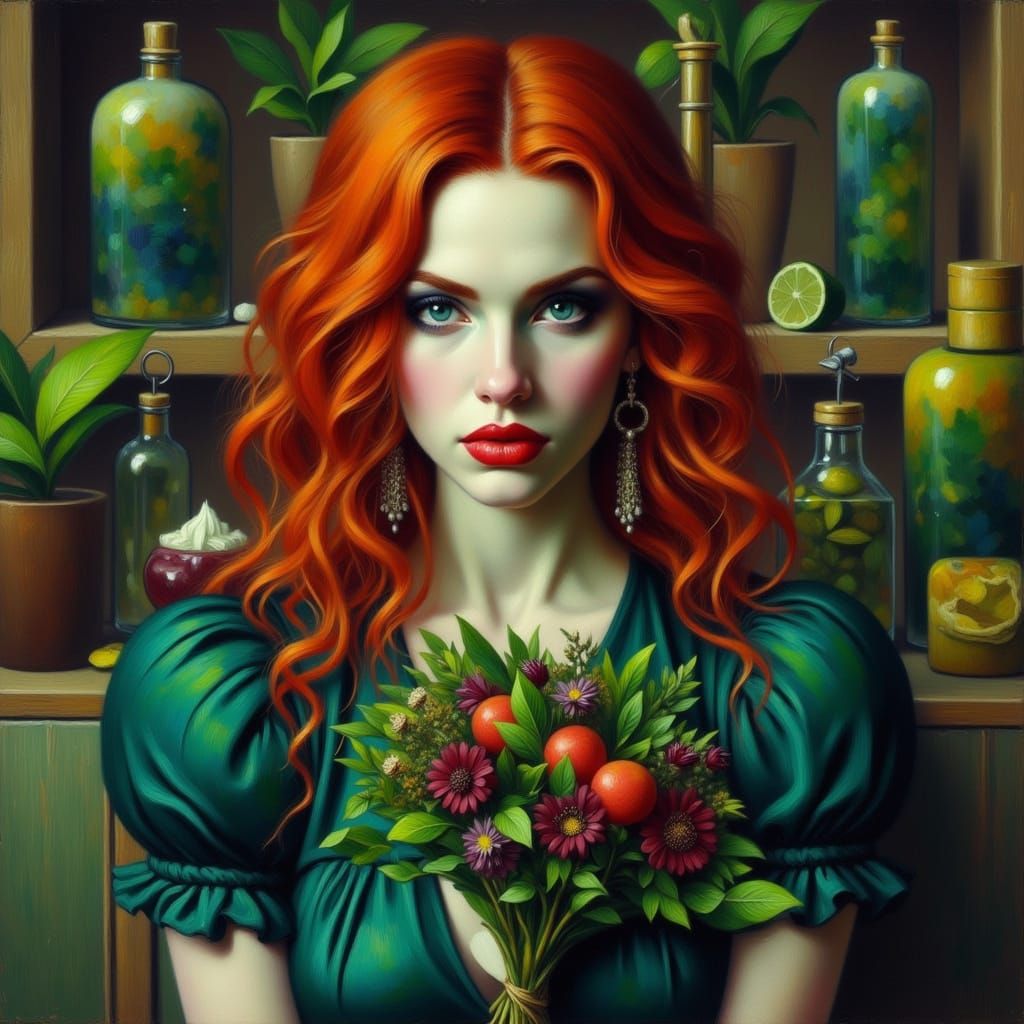 Poison Ivy Portrait with Flowing Red Hair