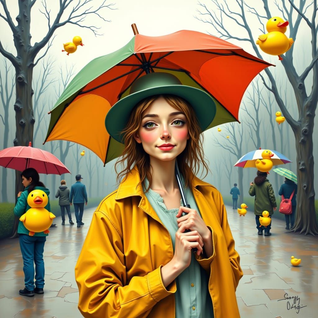 Whimsical Duck Rain in a City Park