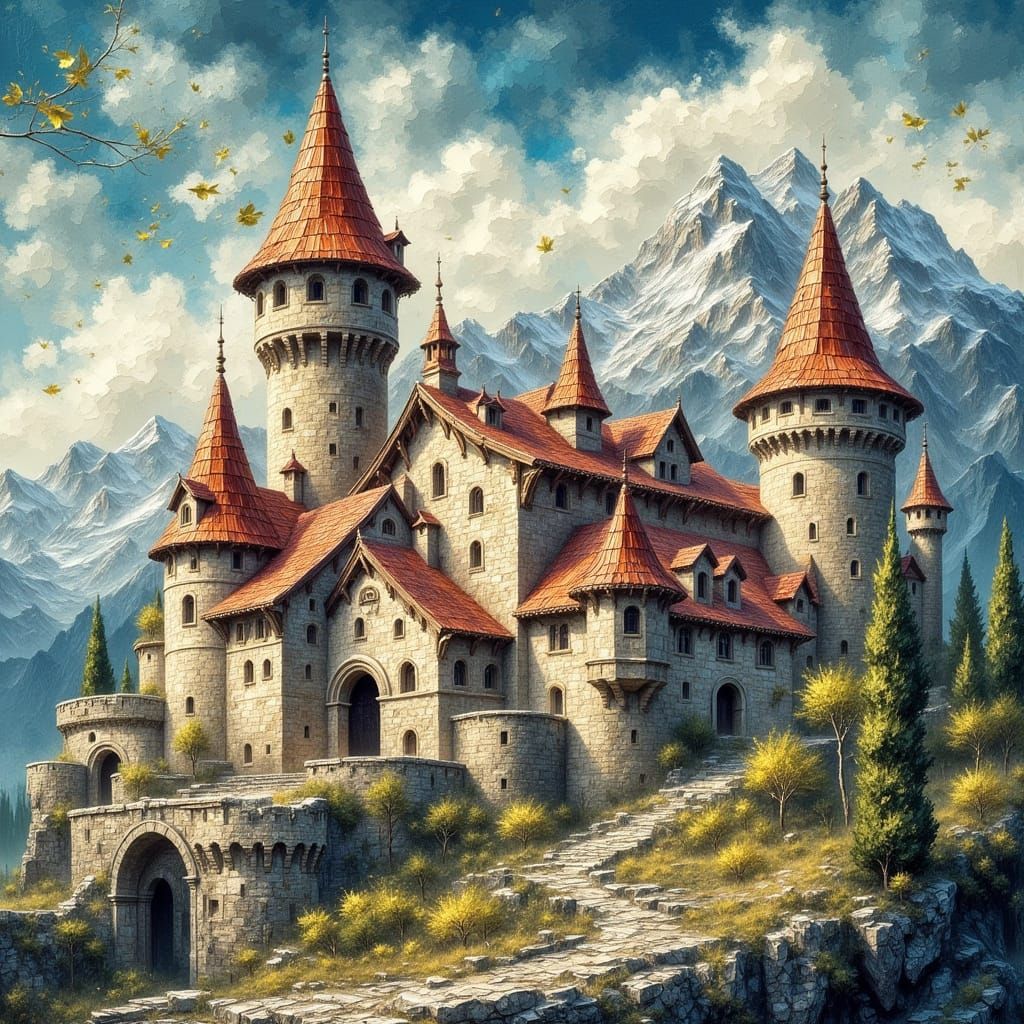 Medieval Castle on Hillside in Vintage Art Style