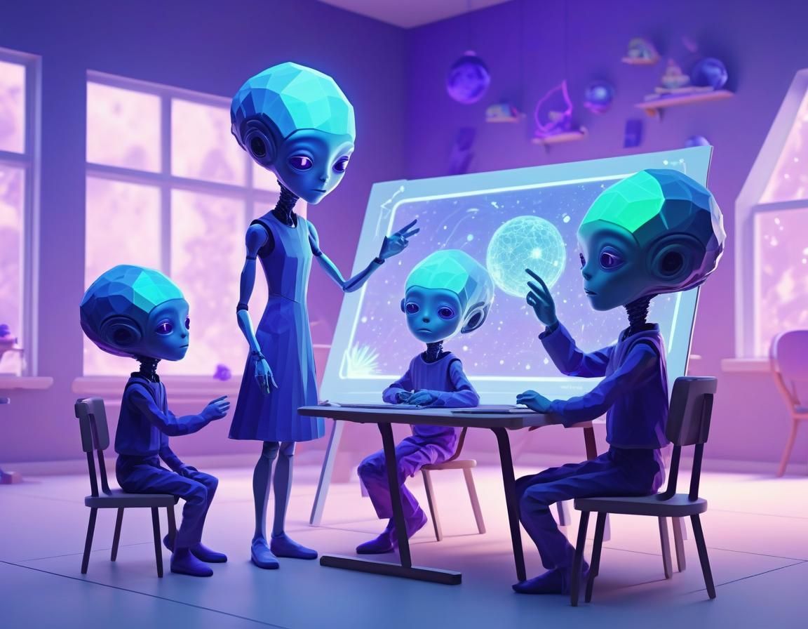 Alien Teacher in Ethereal Abstract Classroom