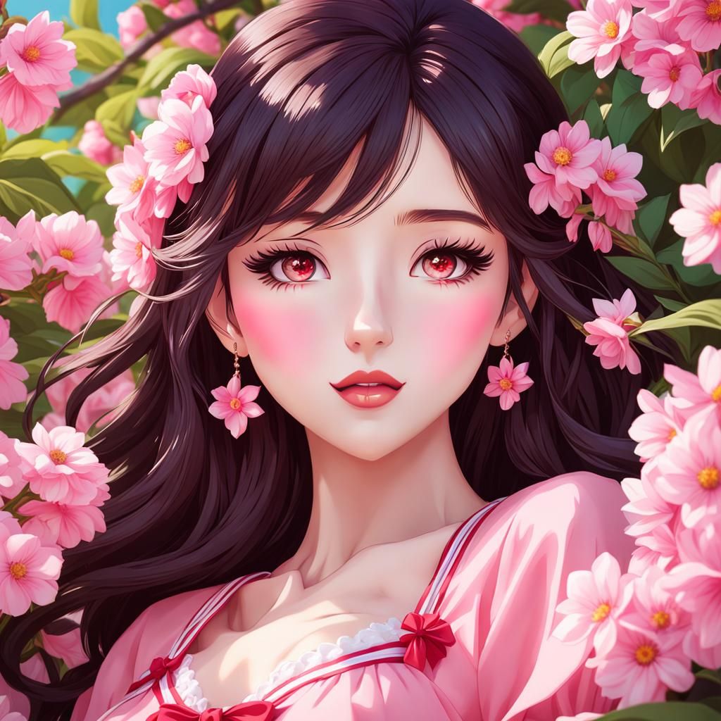 Anime Girl in Pink Flowers