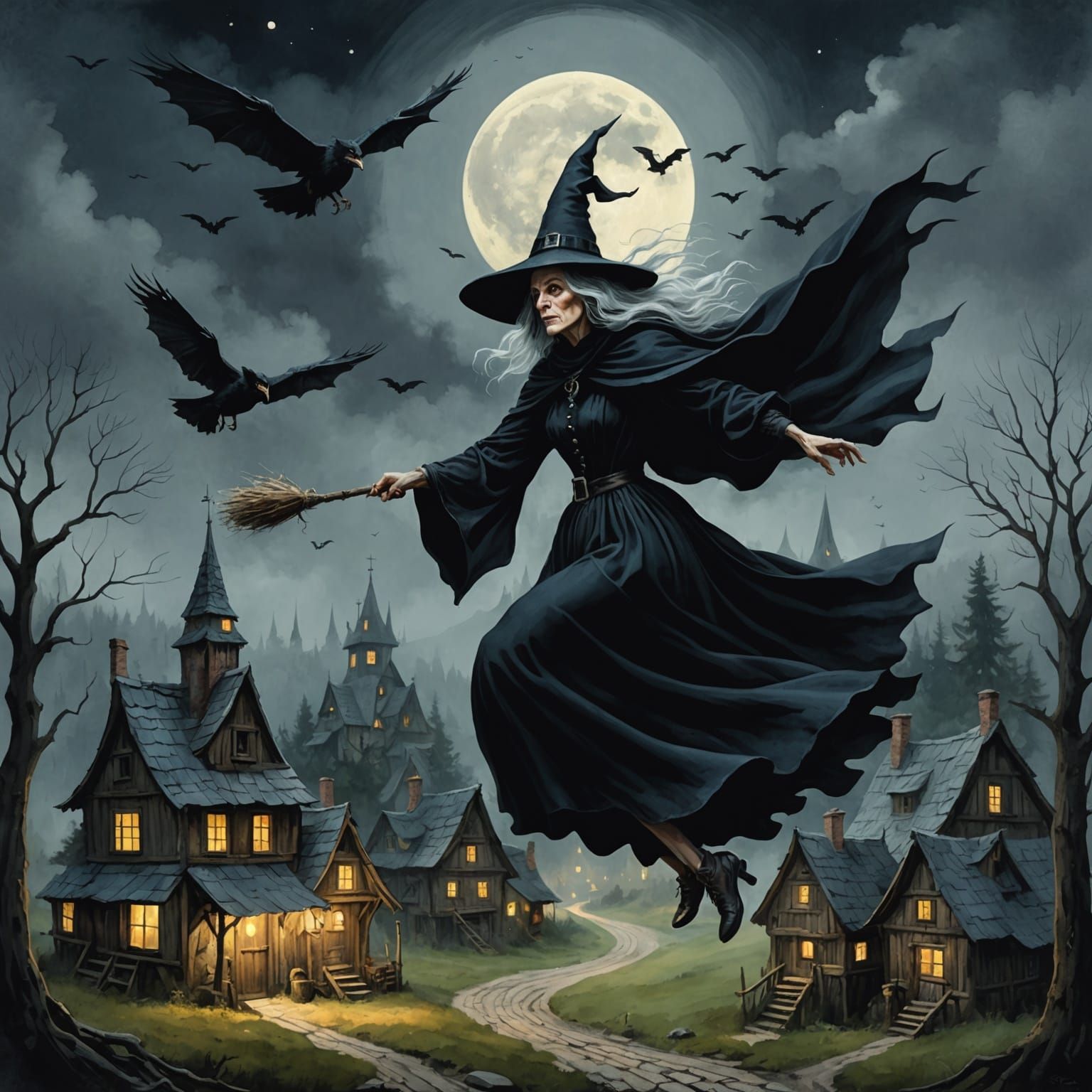 Witch Soaring Over Village in Magic Realism Style