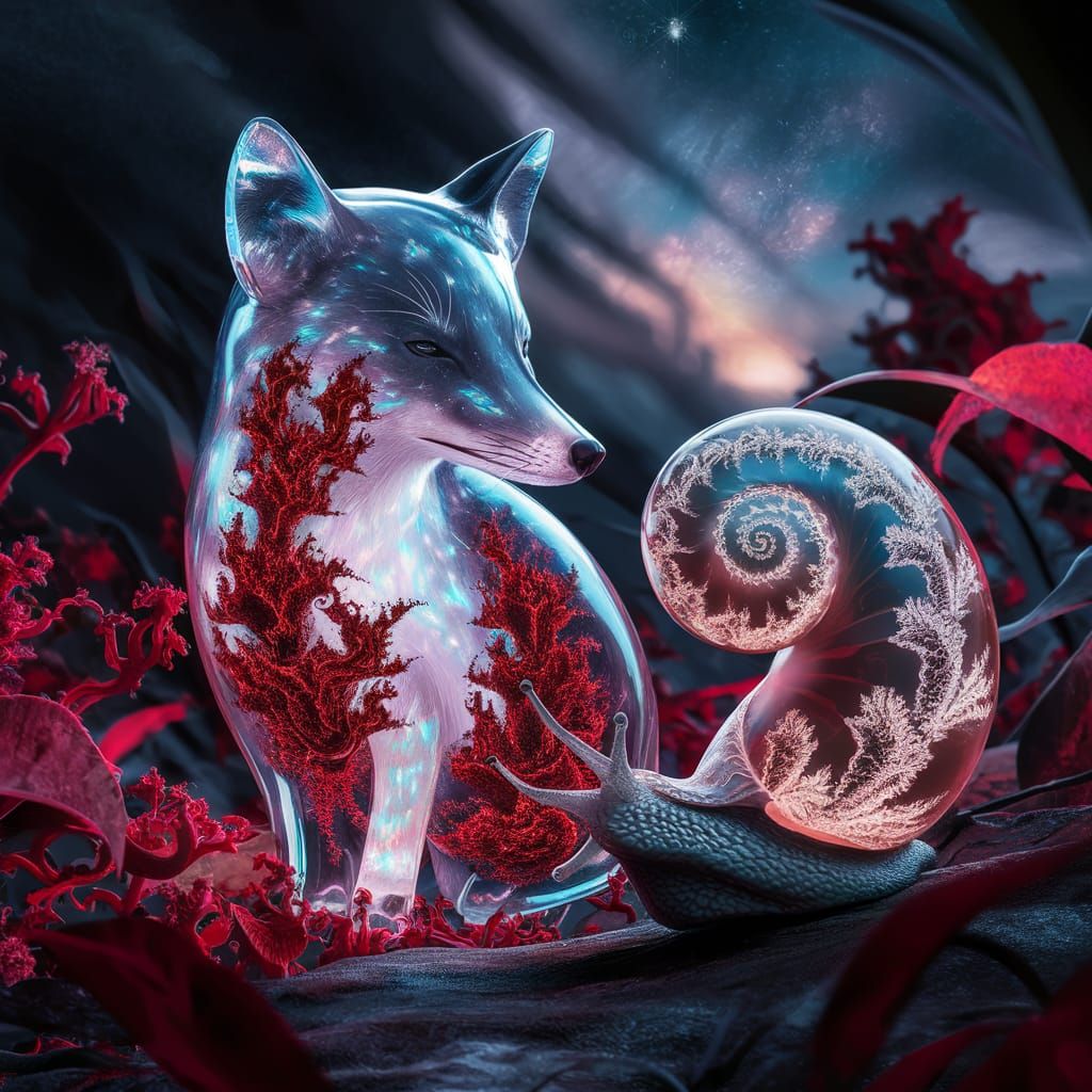 Bioluminescent Fractal Glass Fox with Snail