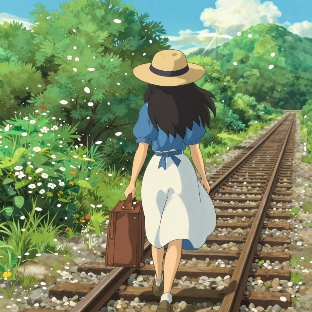 Young Girl Walks Down Train Tracks With Suitcase