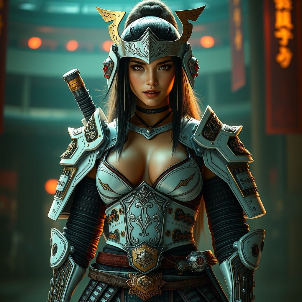 Futuristic Samurai Warrior with Cybernetic Armor