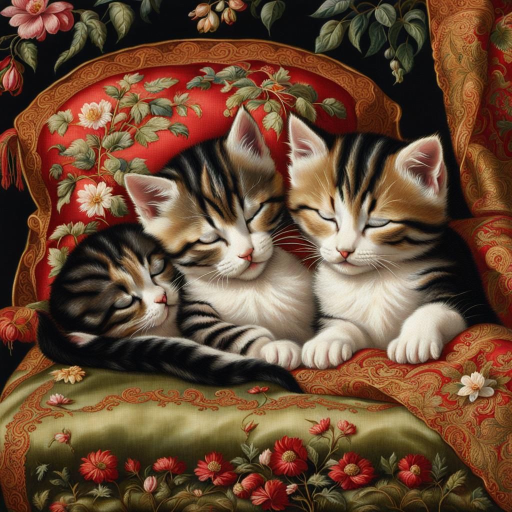 Sleeping Kittens on Embroidered Silk Cushion