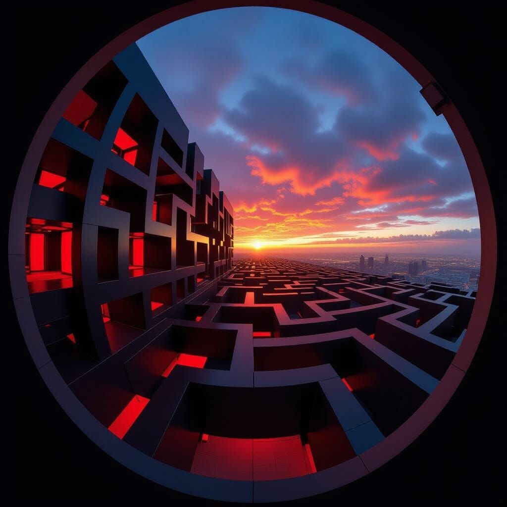 Surreal Fisheye View of a Red-Lit Maze
