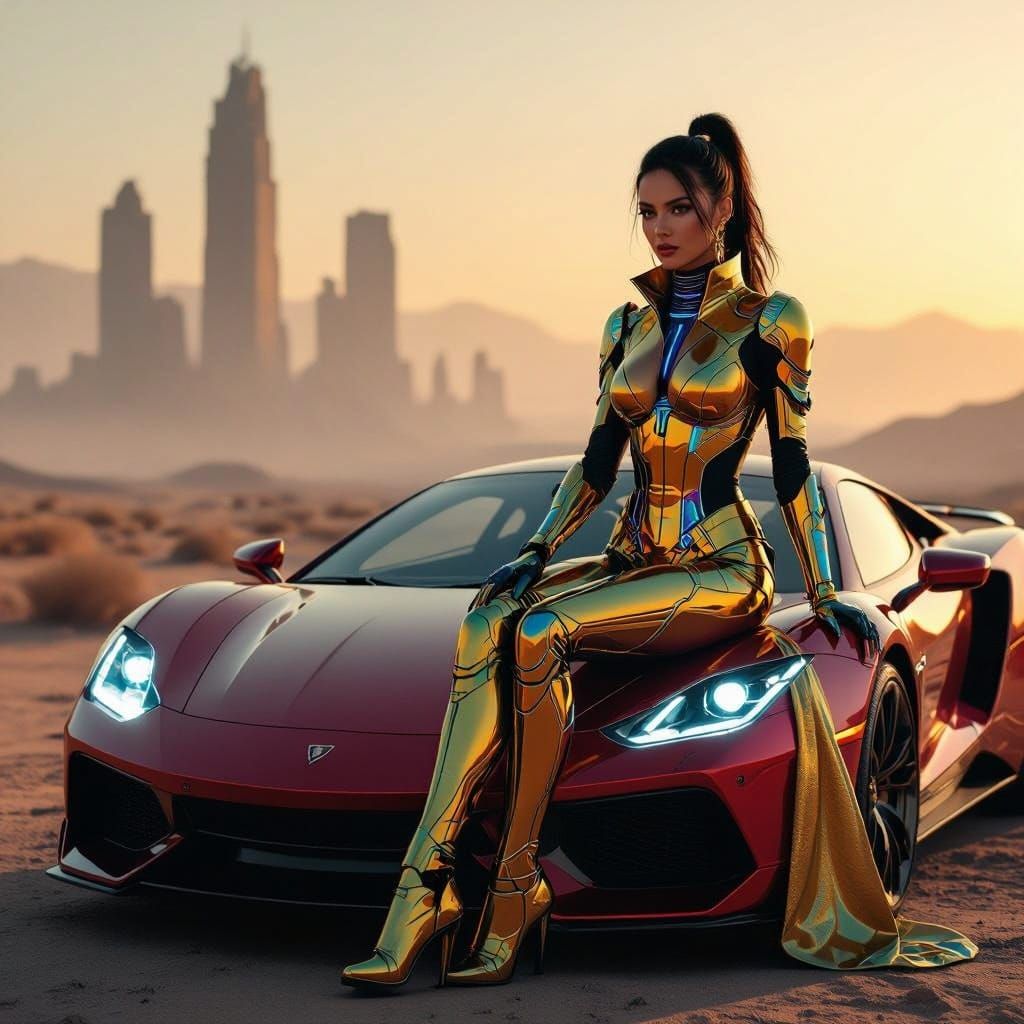 Confident Futuristic Woman in Cyberpunk Attire on Red Car Ho...