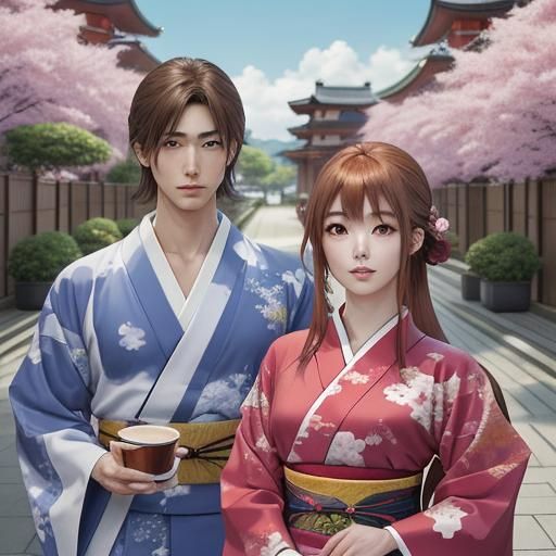 Anime Style Japanese Couple in Kimonos