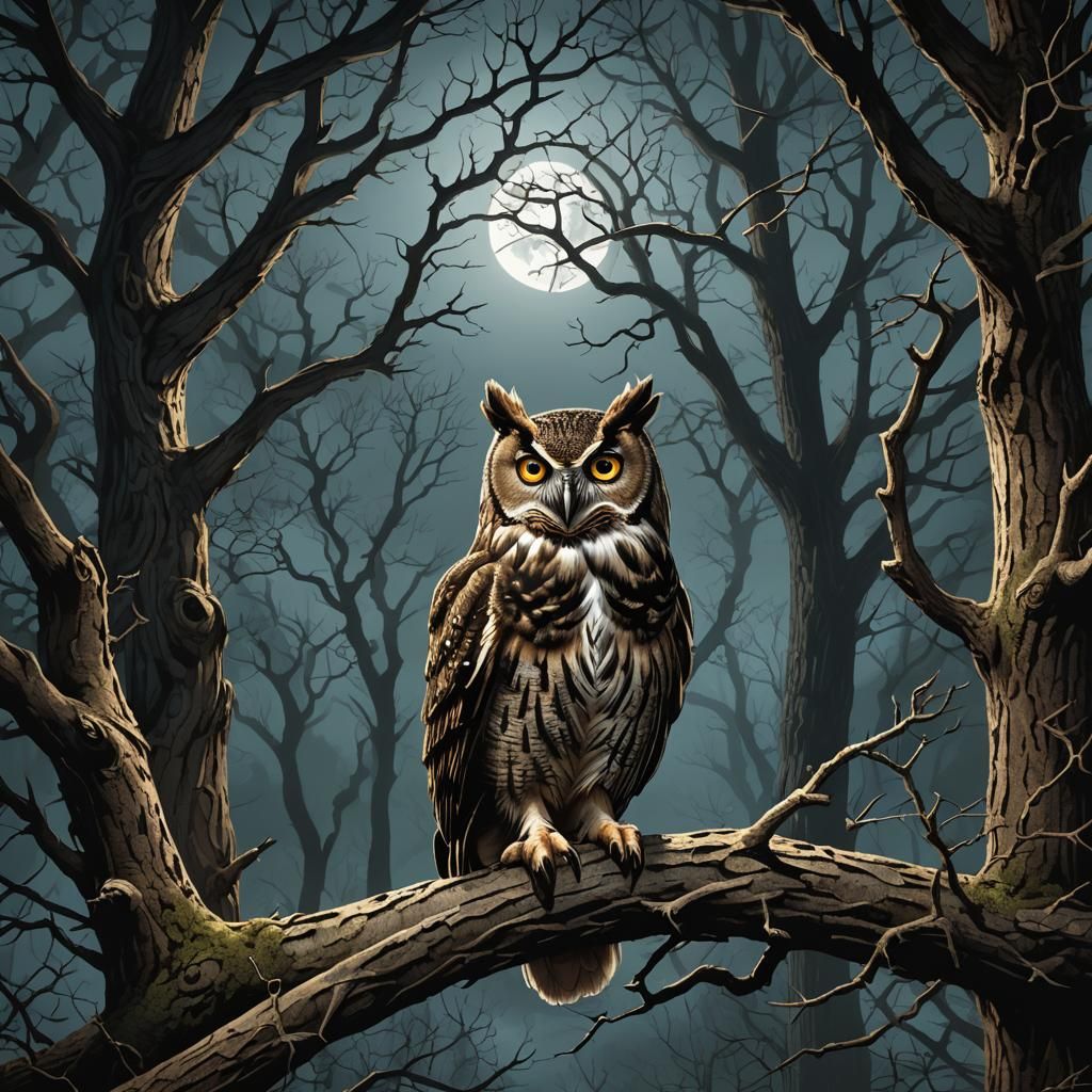 Wise Owl in Moonlit Forest