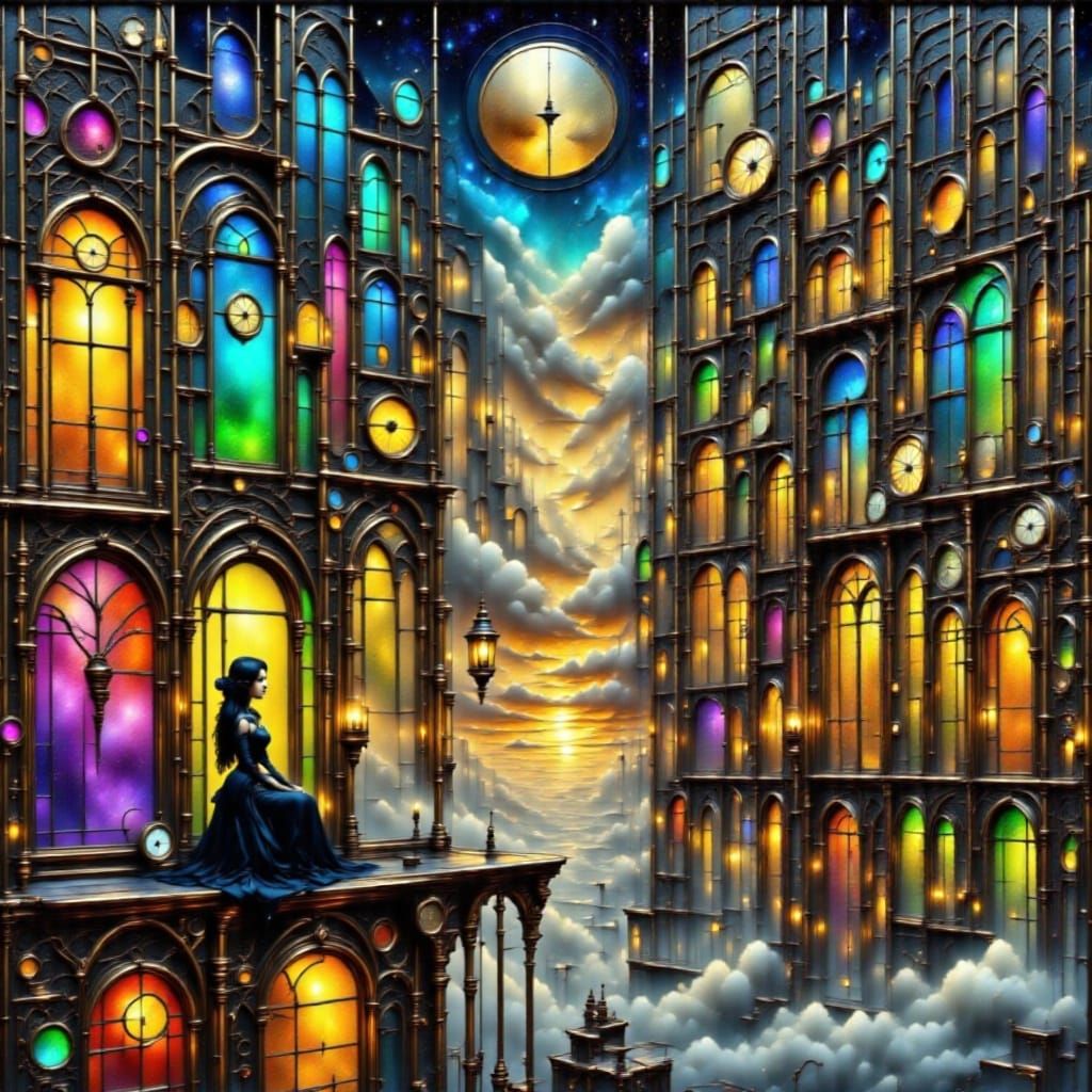 Vibrant Stained Glass Steampunk Cityscape