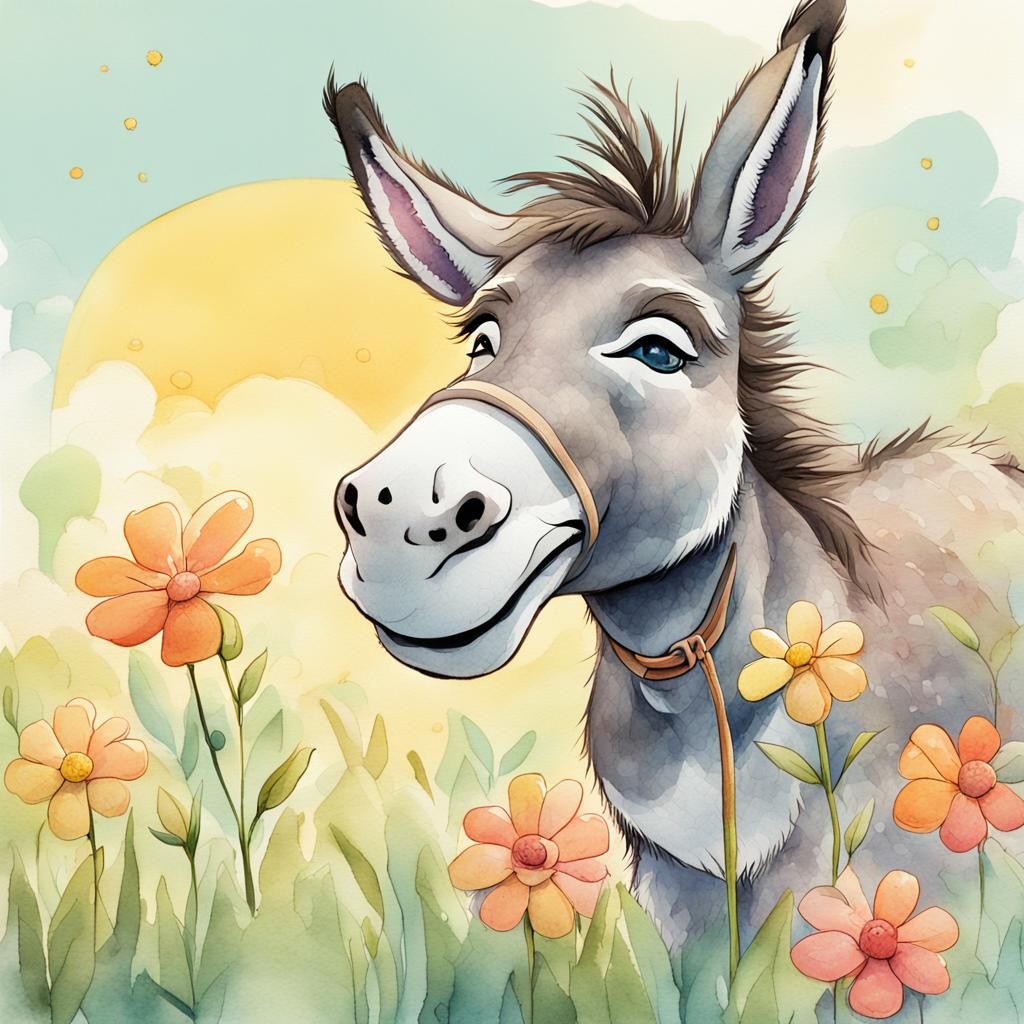 Cartoon Donkey Smelling Flower in Watercolor Style