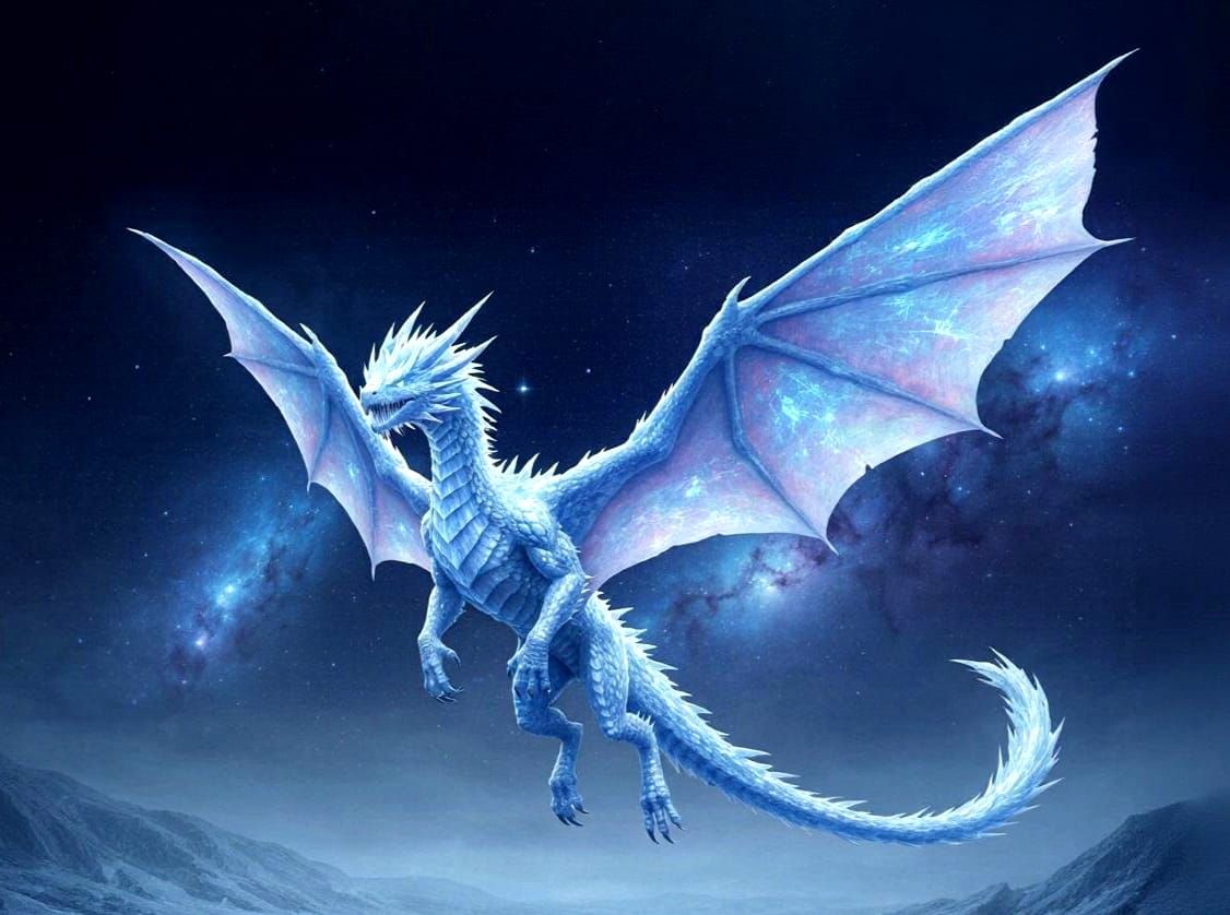 Ice Dragon Soaring Through Nebula Sky