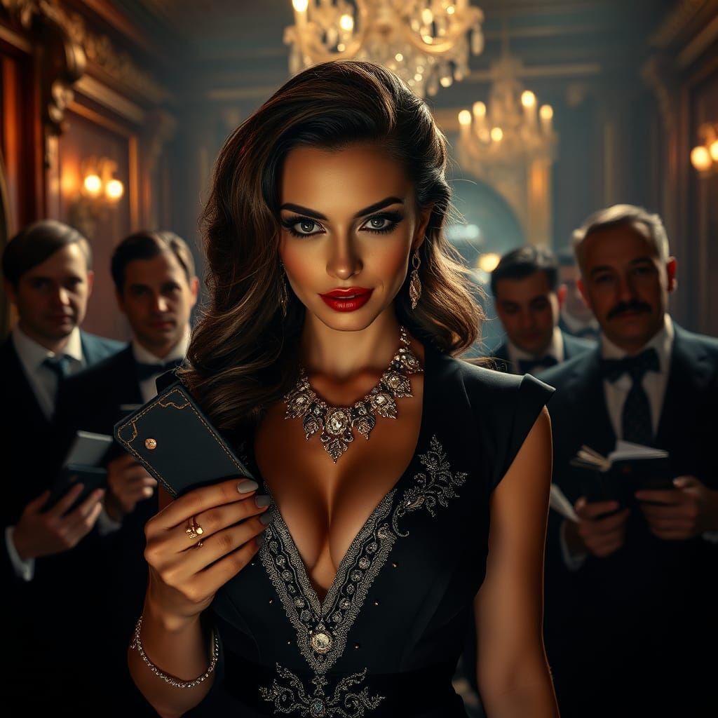 Elegant Woman Beckons Men with Money, Hyperrealistic Style