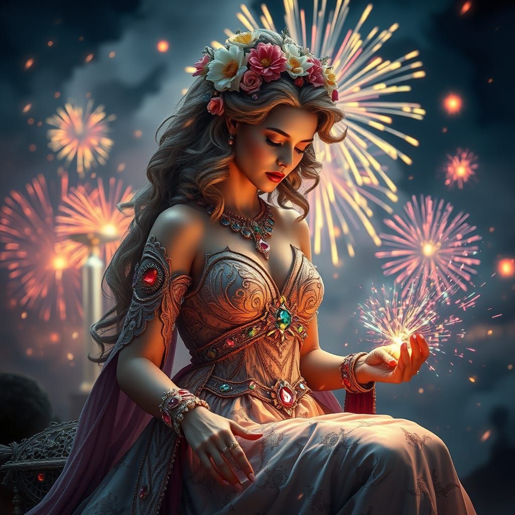 Ornate Greek Goddess Playing with Fireworks
