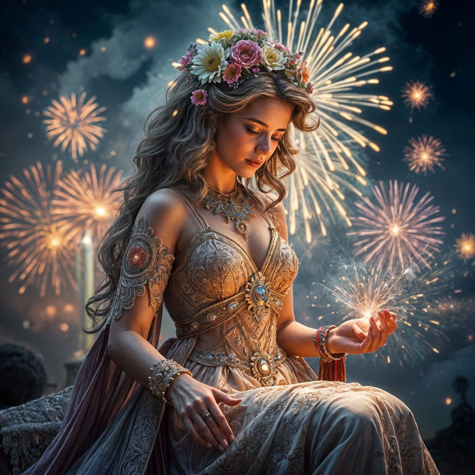 Ornate Greek Goddess Playing with Fireworks