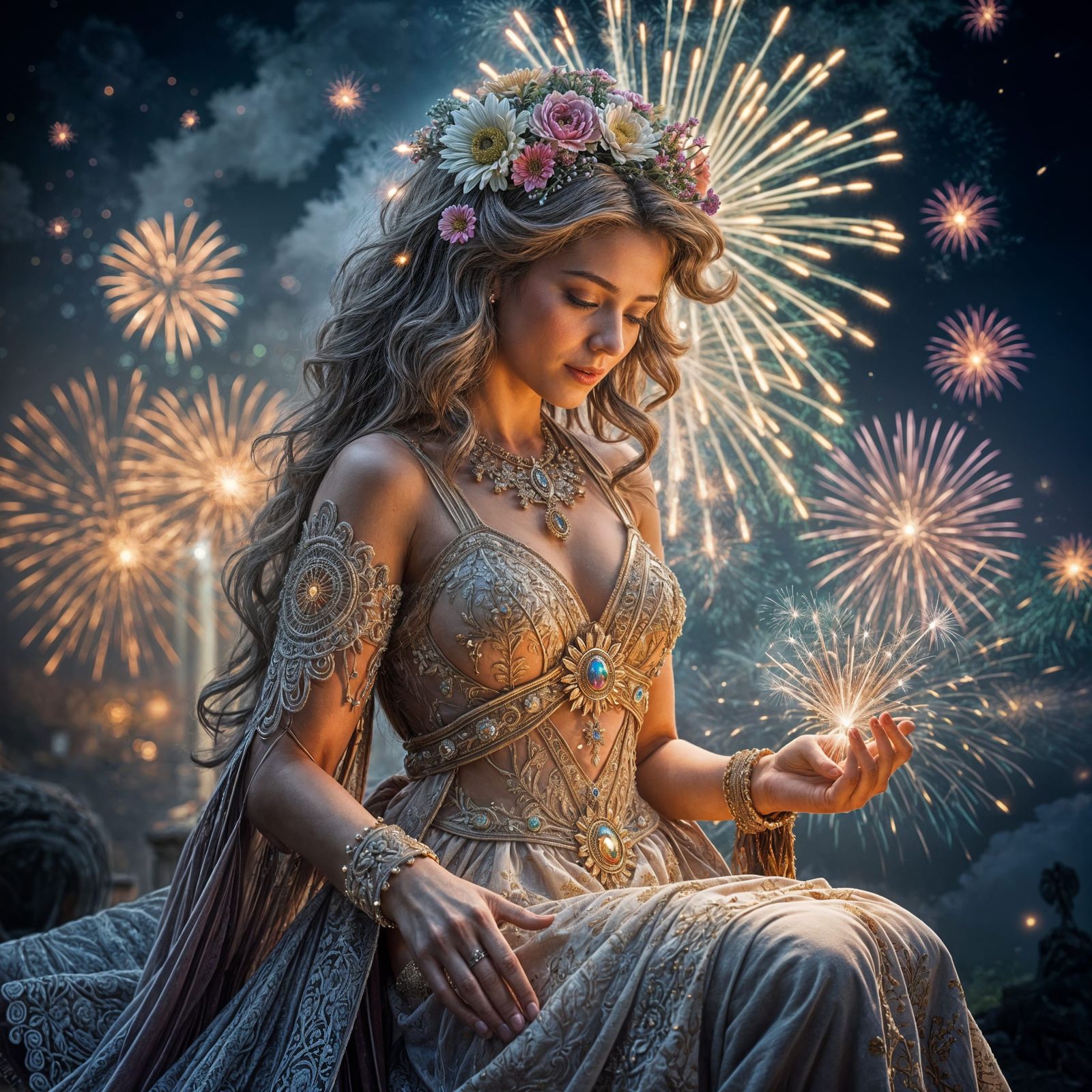 Greek Goddess of Fireworks in Hyperrealistic Style