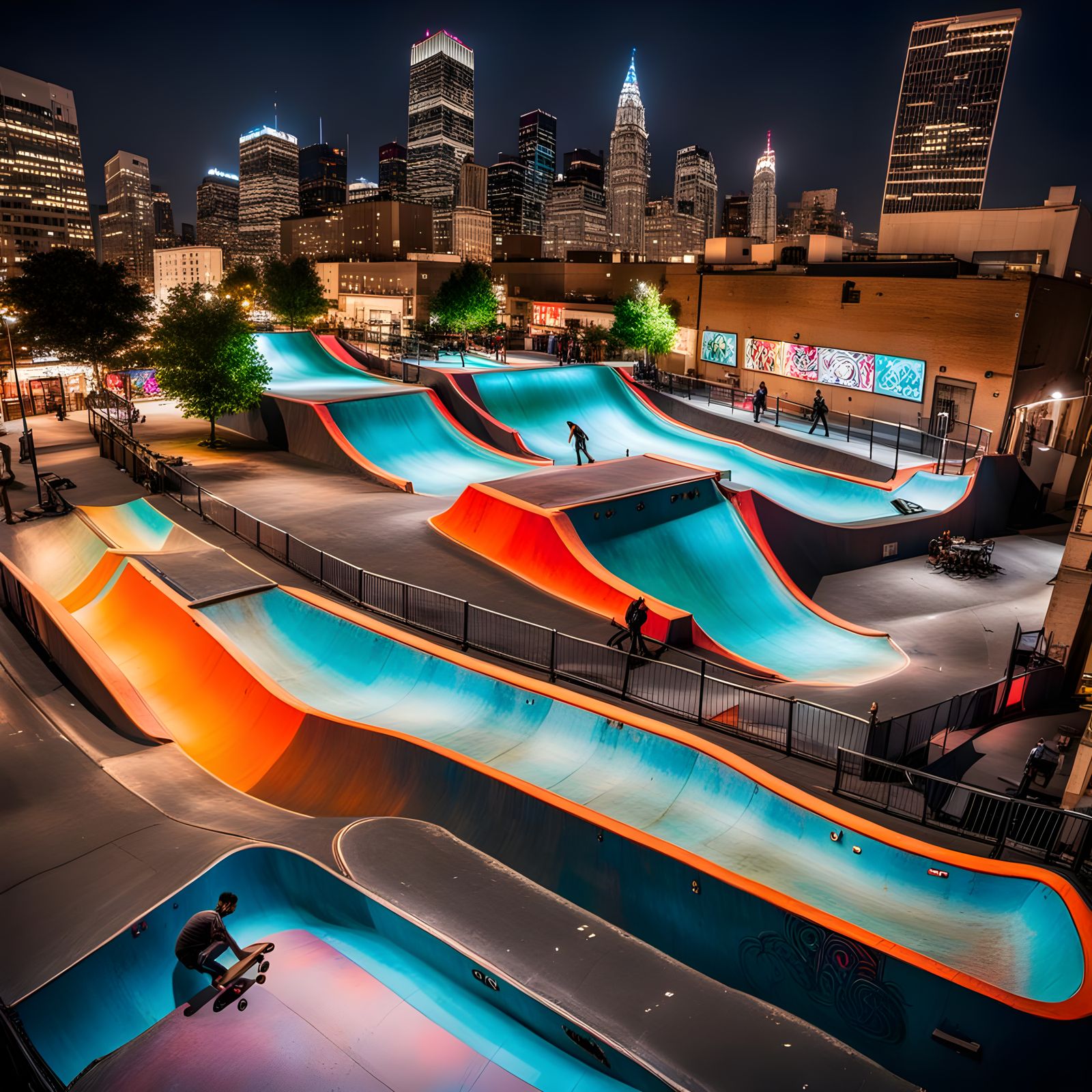 Urban Skatepark at Night: Vibrant Neon Lights and Dynamic Sk...