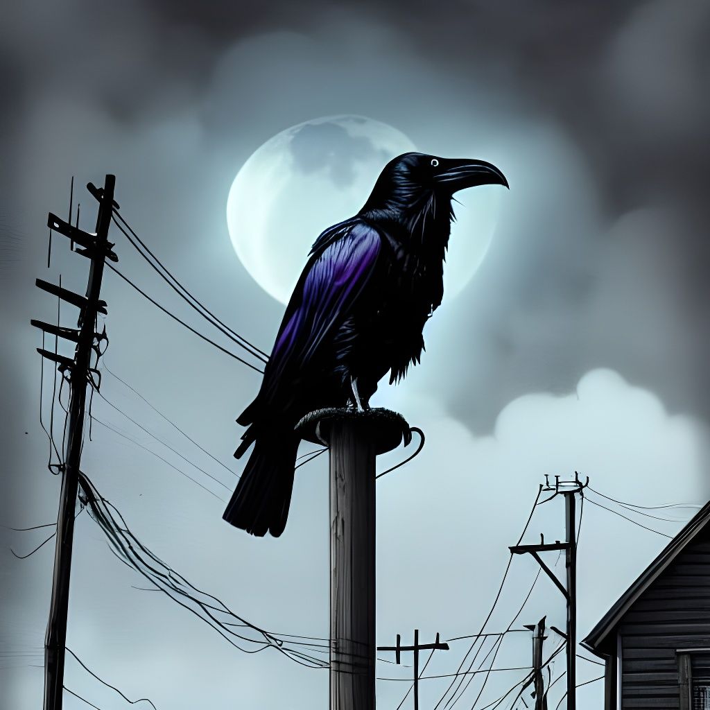 Raven on Telephone Pole in Gloomy Moonscape
