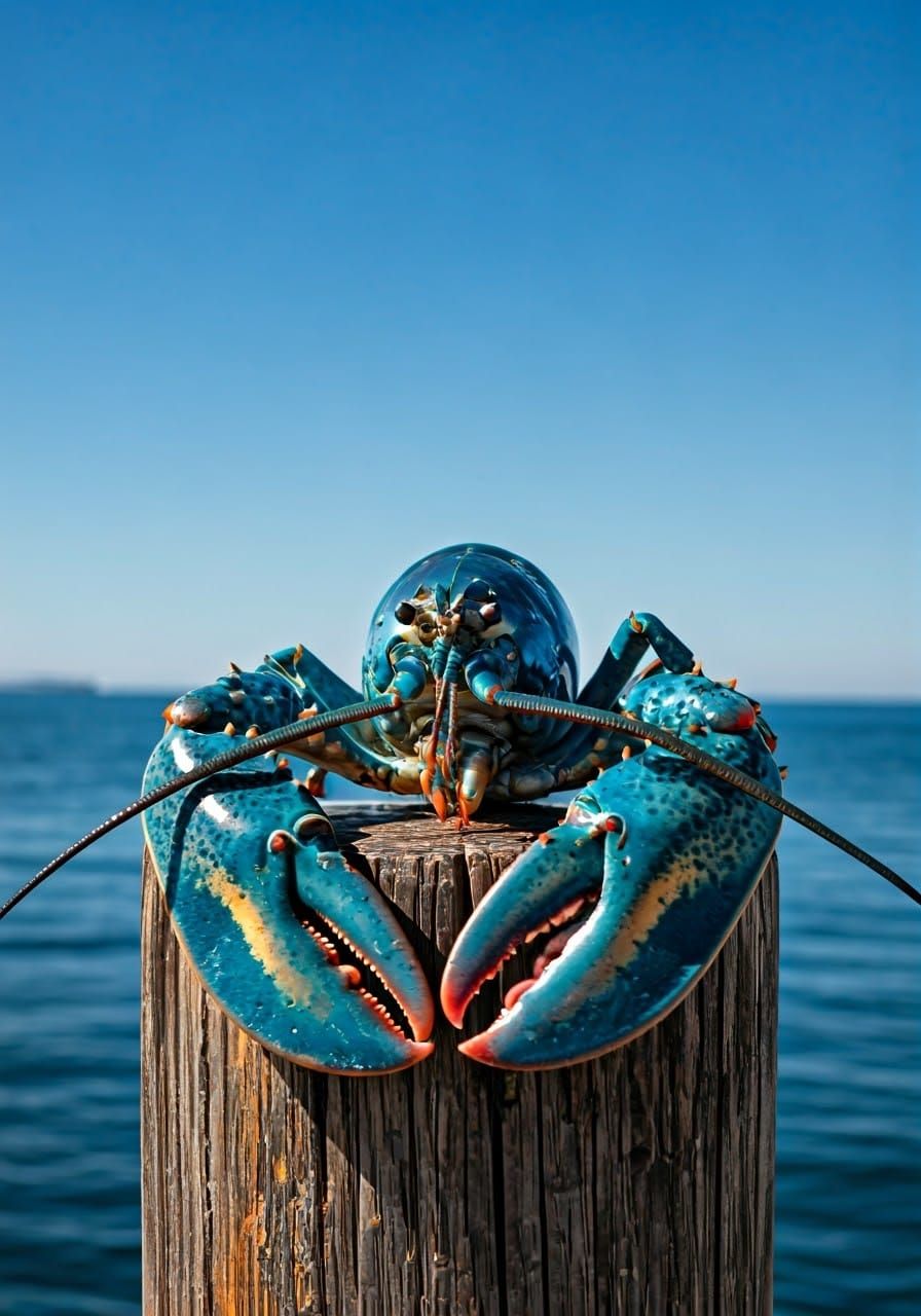 Cyan Lobster on Harbor Bollard in Photorealistic Style