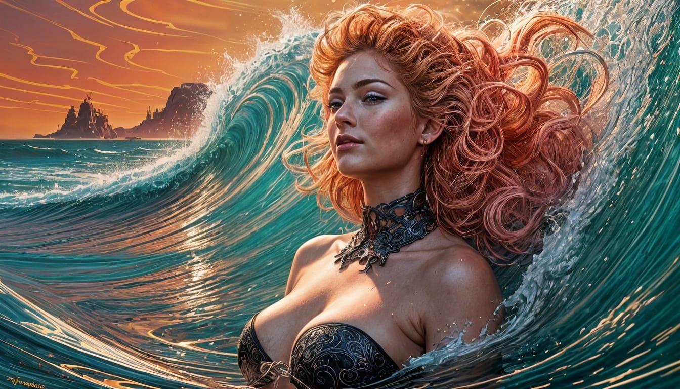 Sultry Cyberpunk Goddess Relaxing on a Vibrant Beach at Twil...