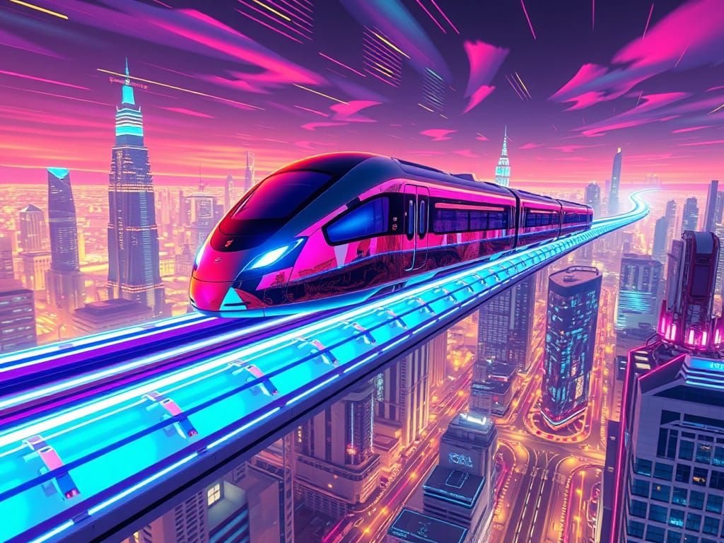 Hyperrealistic Futuristic Cityscape with Glowing Energy Trai...