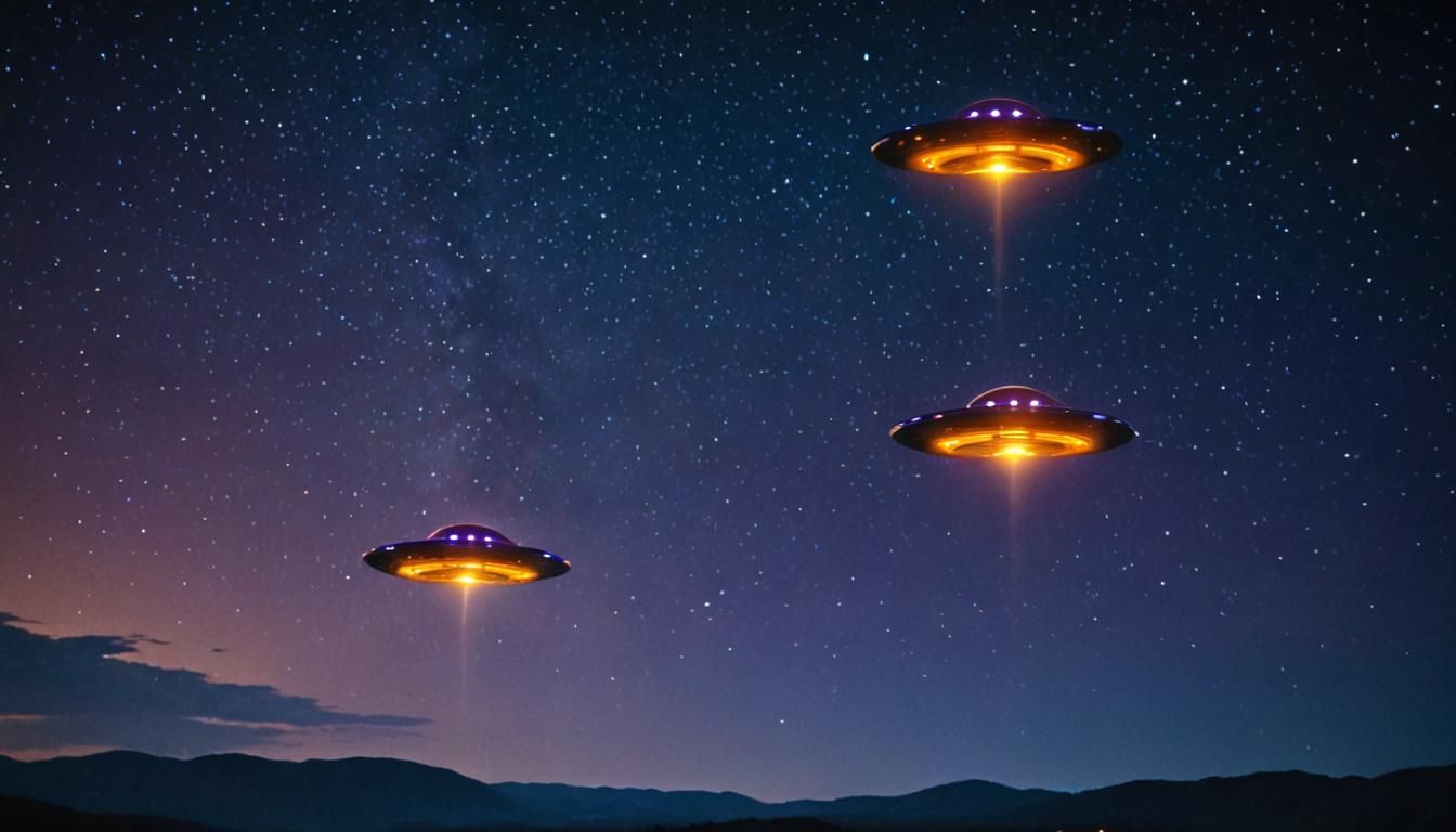 UFOs in Starry Night Sky: Cinematic Film Still