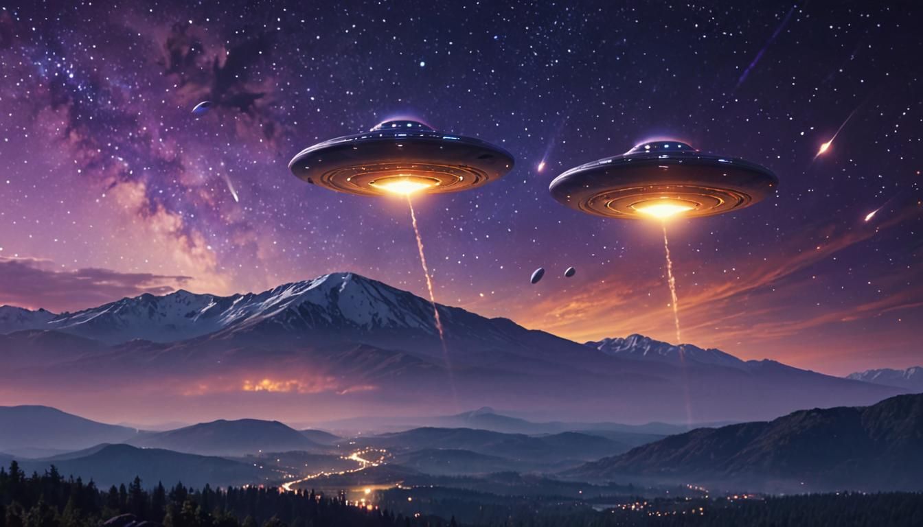 UFOs Soaring Through Starry Sky: Cinematic Aerial View