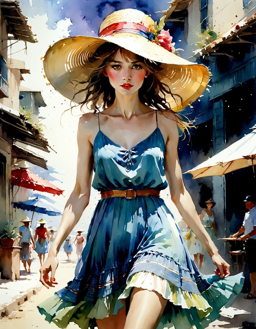 Woman in Sundress: Insanely Detailed Watercolor Painting