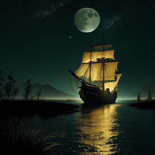Night Scene: Blood Witch, Schooner, and Green Moon