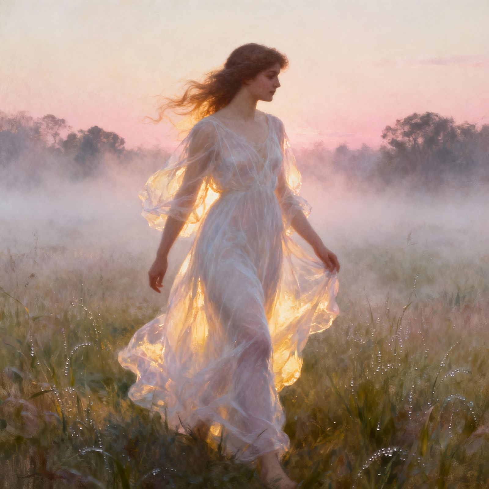 Ethereal Woman in Sheer Dress in Misty Meadow