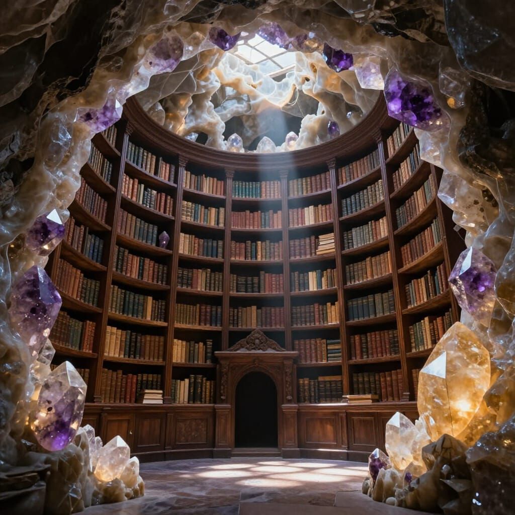 Ancient Geode Library With Crystal Light Illumination