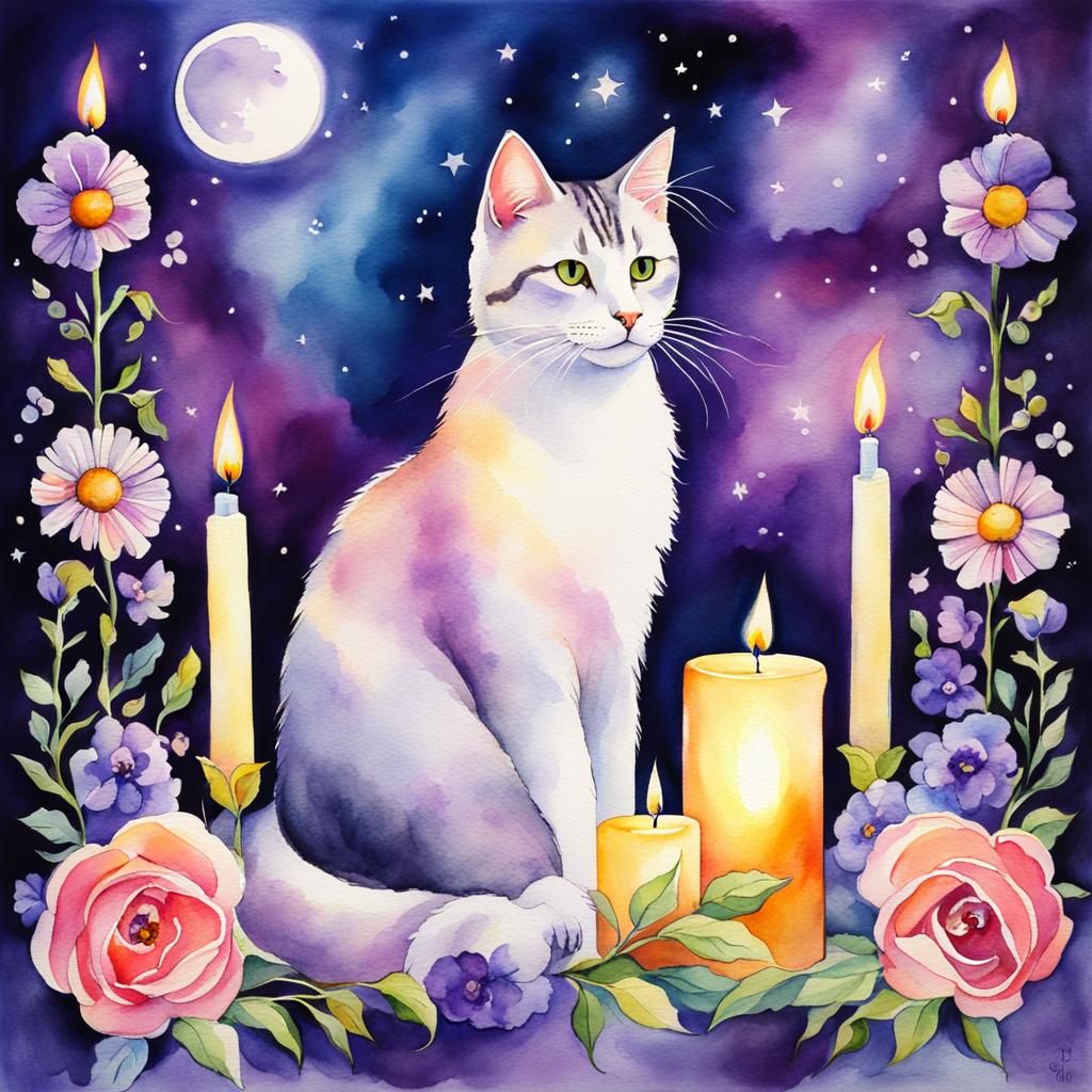 Watercolor Cat with Tarot Card Elements