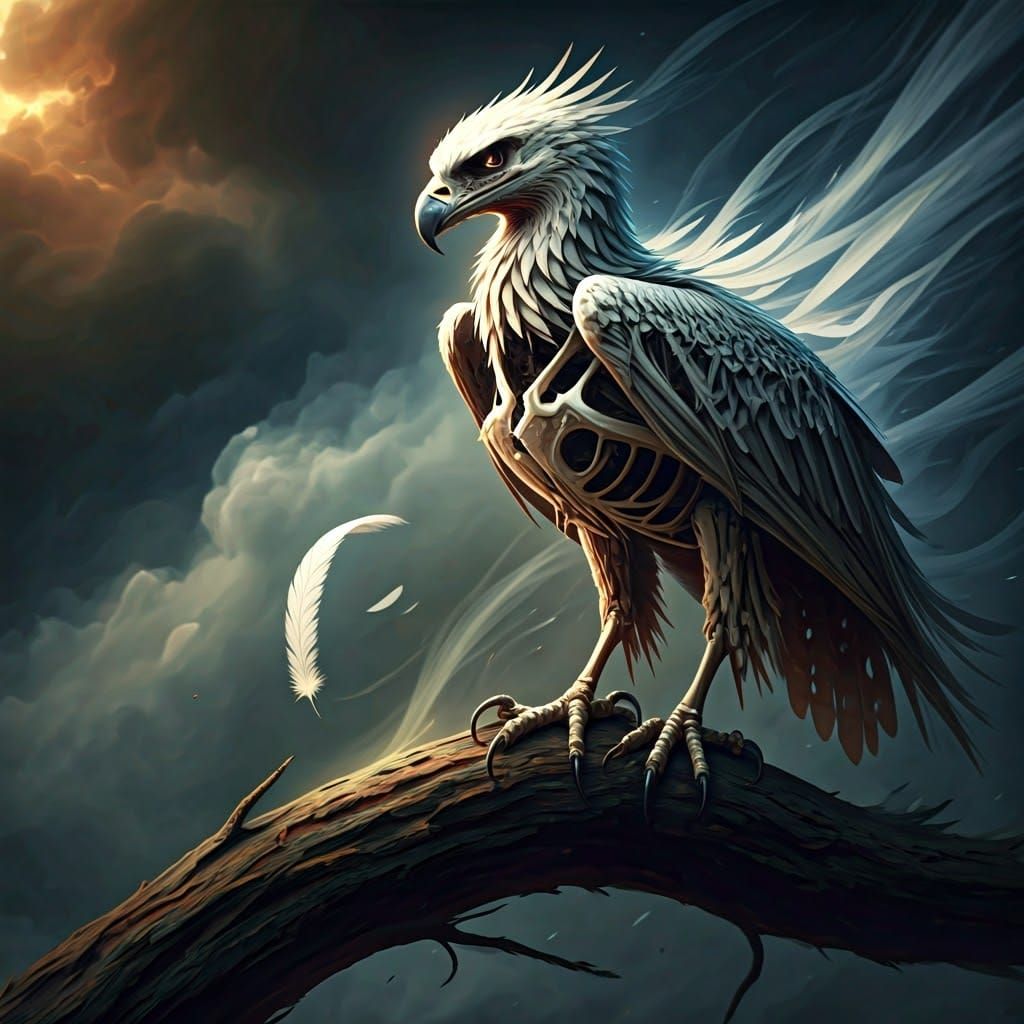 Surrealistic, the trees bend in the wind. A medium shot of an eagle sitting on a branch without feathers, the eagle has ...