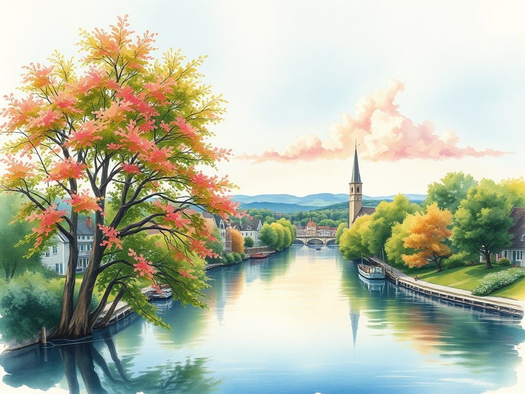 Serene River Town at Sunset: Watercolor Painting
